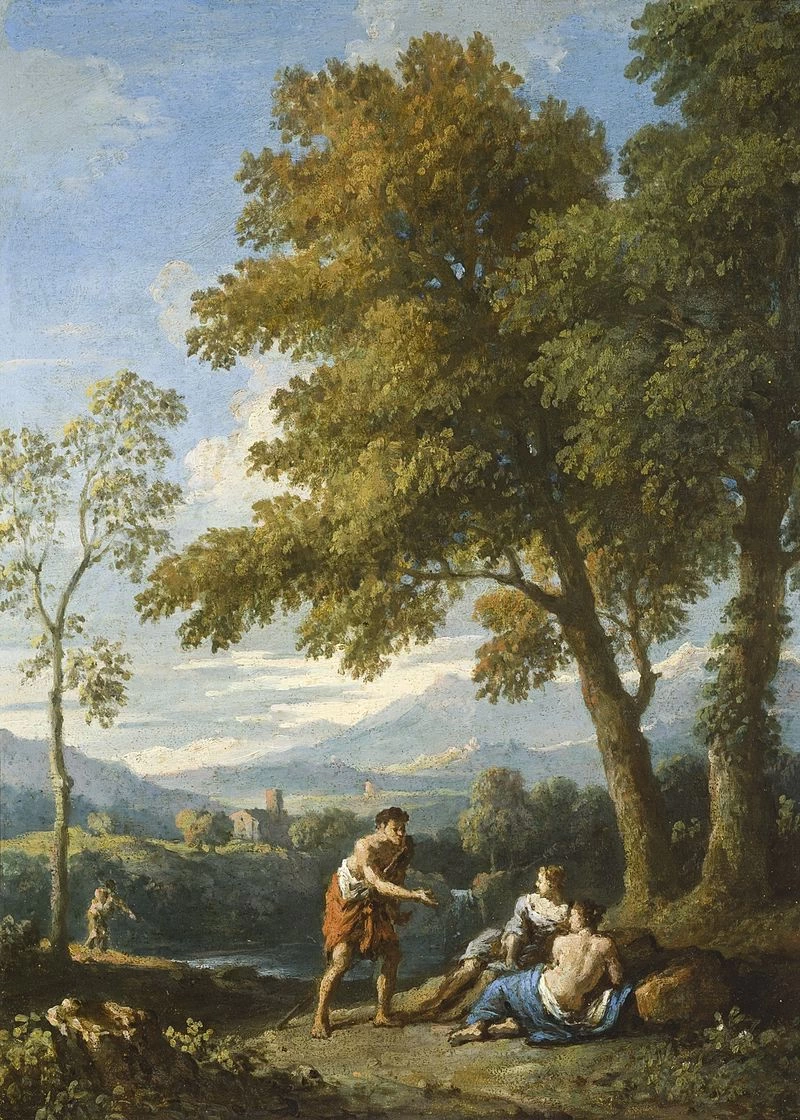 Vedute della campagna romana con figure che conversano